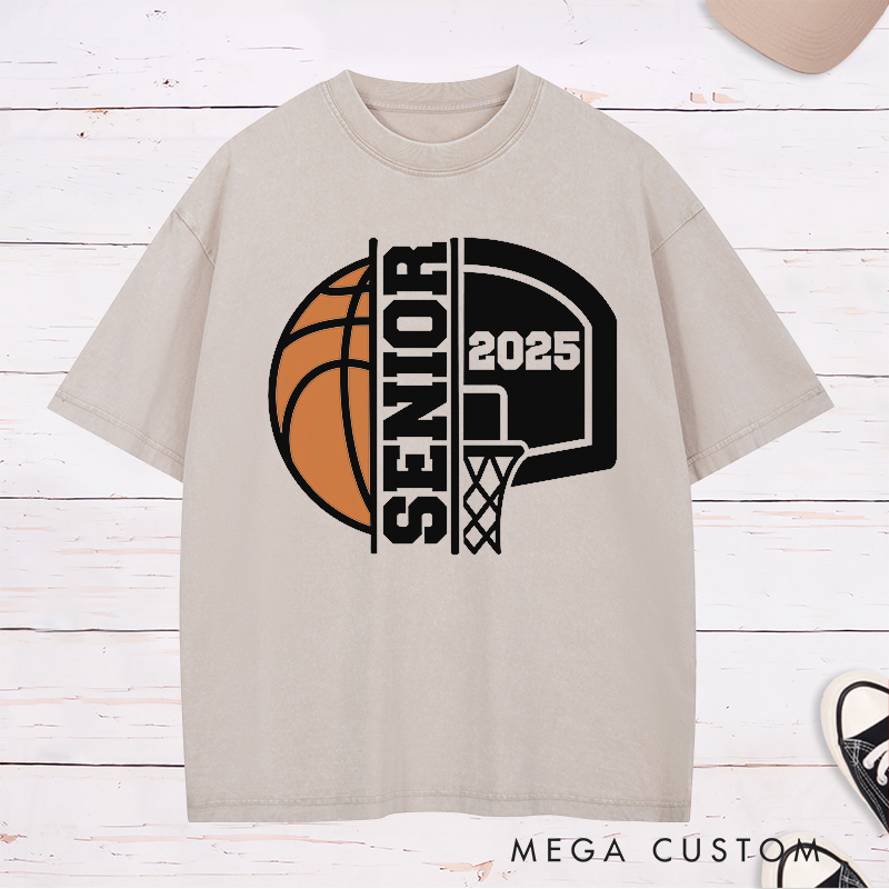 Personalized Washed T-Shirt Design Featuring Bold Basketball Graphics Highlighting "Senior" Status and a Customizable Graduation Year