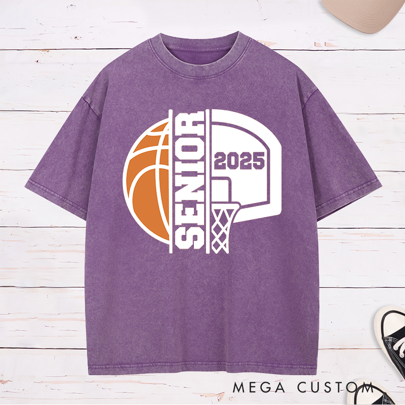 Personalized Washed T-Shirt Design Featuring Bold Basketball Graphics Highlighting "Senior" Status and a Customizable Graduation Year