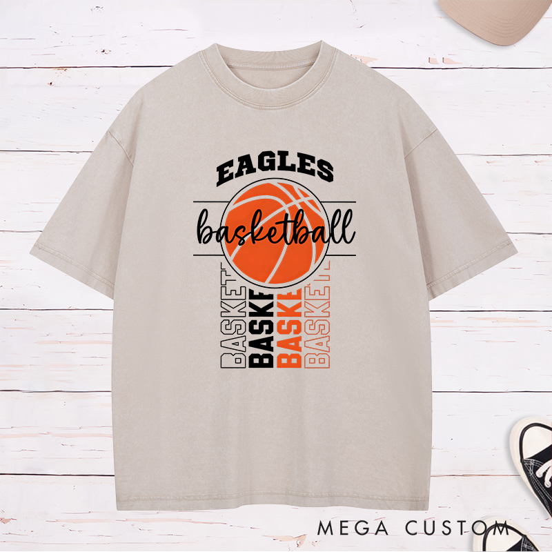 Personalized Washed T-Shirt Design Featuring Bold Basketball Graphics and Customizable Team Name