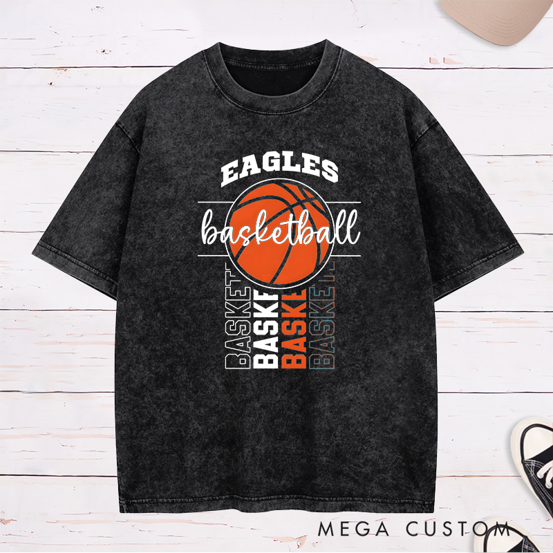 Personalized Washed T-Shirt Design Featuring Bold Basketball Graphics and Customizable Team Name