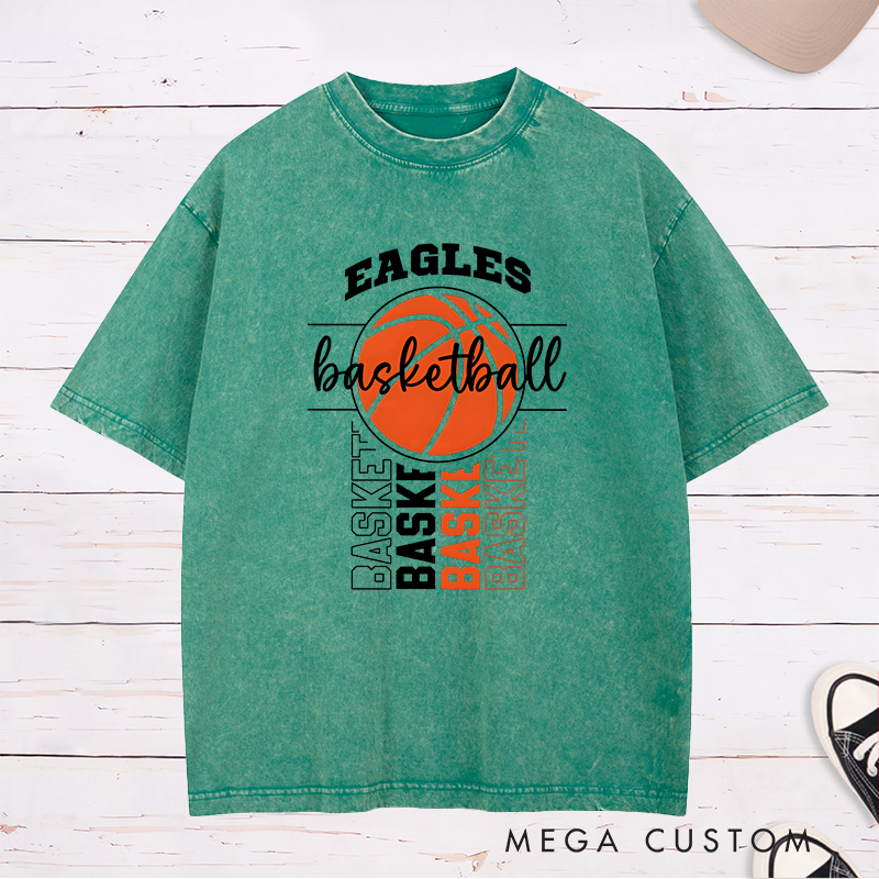 Personalized Washed T-Shirt Design Featuring Bold Basketball Graphics and Customizable Team Name