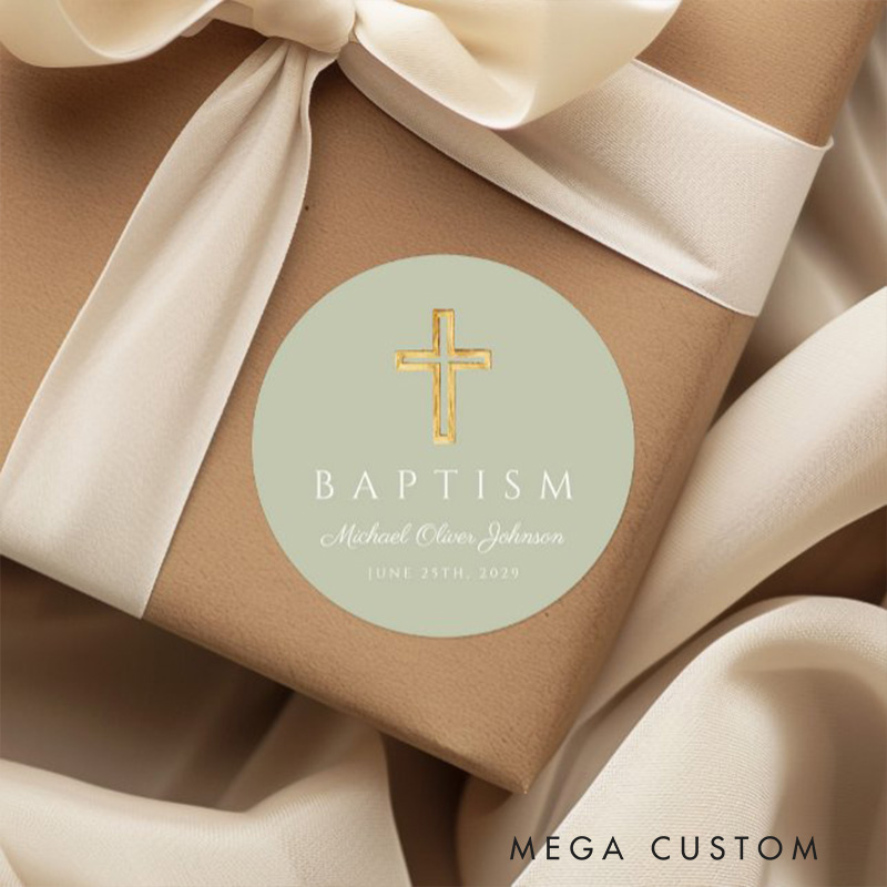 Personalized Elegant Sage Green Religious Cross Baptism Classic Round Sticker with Name and Date Religious Gift Baptism Gift