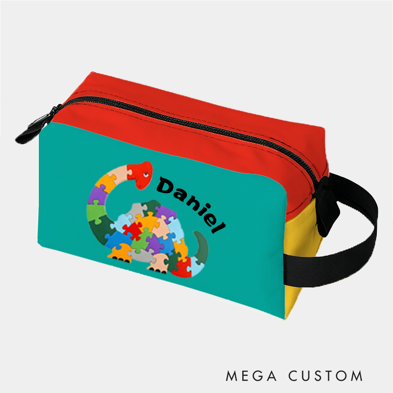 Personalized Cartoon Snail Dinosaur Puzzle Pattern Toiletry Bag Custom Name for Kids Travel Gifts and Daily Use