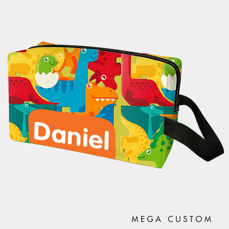 Personalized Fun Rainbow Dinosaur Toiletry Bag Custom Name for Kids Travel Gifts and Daily Use