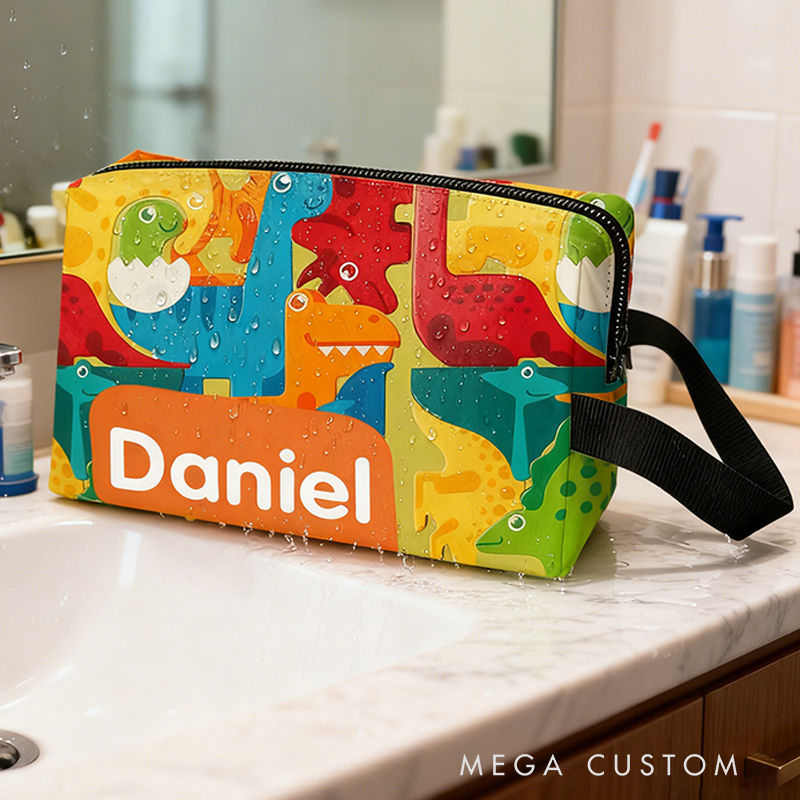 Personalized Fun Rainbow Dinosaur Toiletry Bag Custom Name for Kids Travel Gifts and Daily Use