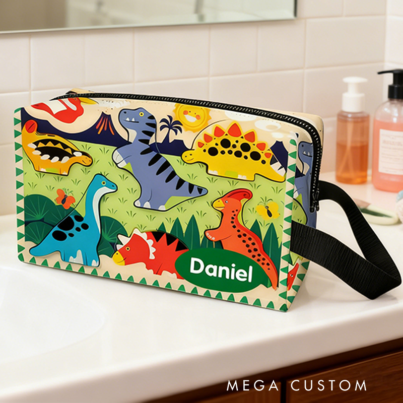 Personalized Dinosaur World Design Toiletry Bag Custom Name for Kids Travel Gifts and Daily Use