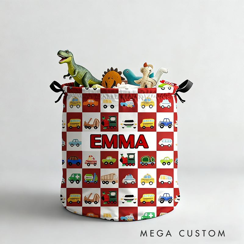 Personalized Cute Car Plaid Print Large Waterproof Laundry Storage Basket with Handle Custom Name Gift for Kids