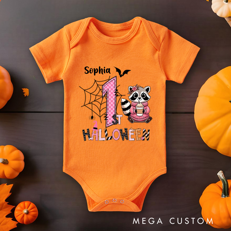 Personalized Cute Peter Rabbit Ghost Raccoon Halloween Elements Baby Bodysuit with Name First Halloween Gift for Newborn