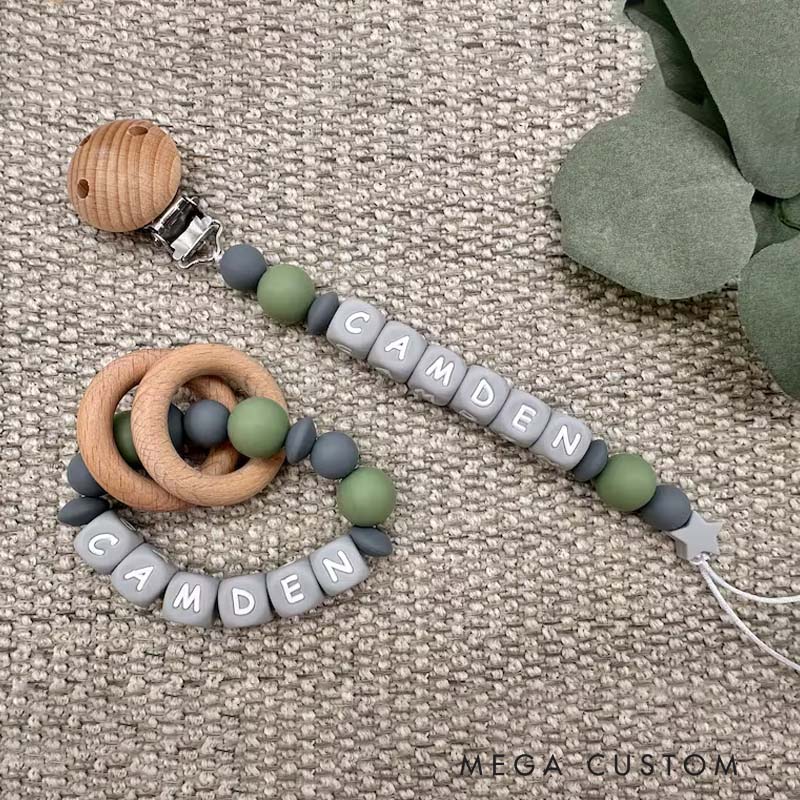 Personalized Baby Name Bead Soother Holders Pacifiers and Clips