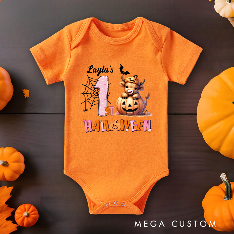 Personalized Spider Web and Pumpkin Design for Baby's First Halloween Celebration Baby Onesie