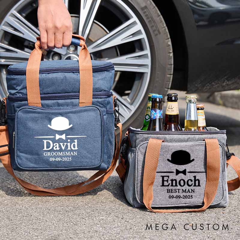 Personalized Groomsmen Cooler Bag Wedding Beer Bag Gift for Groom Best Man Party Favors Bag for Men Hat Bow Tie Design Bag for Him