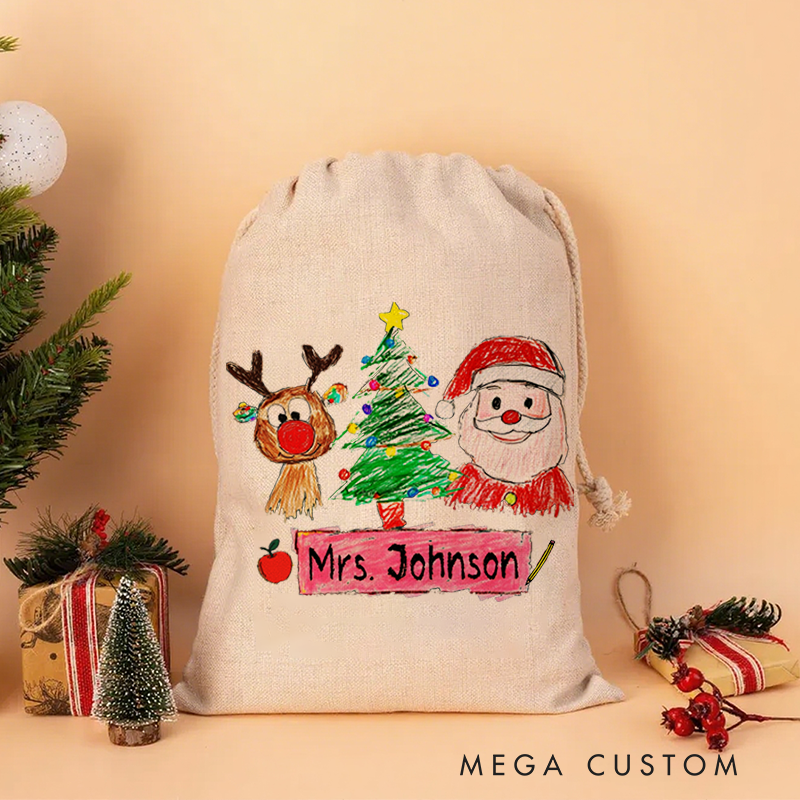 Personalised Christmas Santa Sack for Teachers Custom Cute Rudolph Christmas Tree Santa Claus Design Sack Christmas Gift