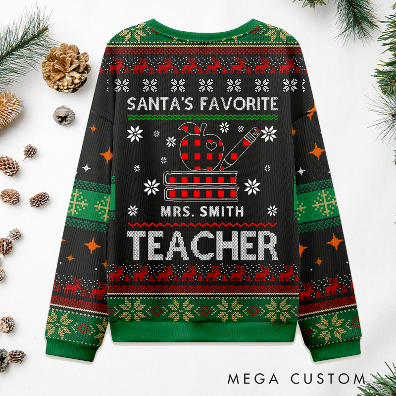 Personalized Teacher Christmas Ugly Sweater Cute Apple Book Design Sweater Appreciation Gift for Teachers