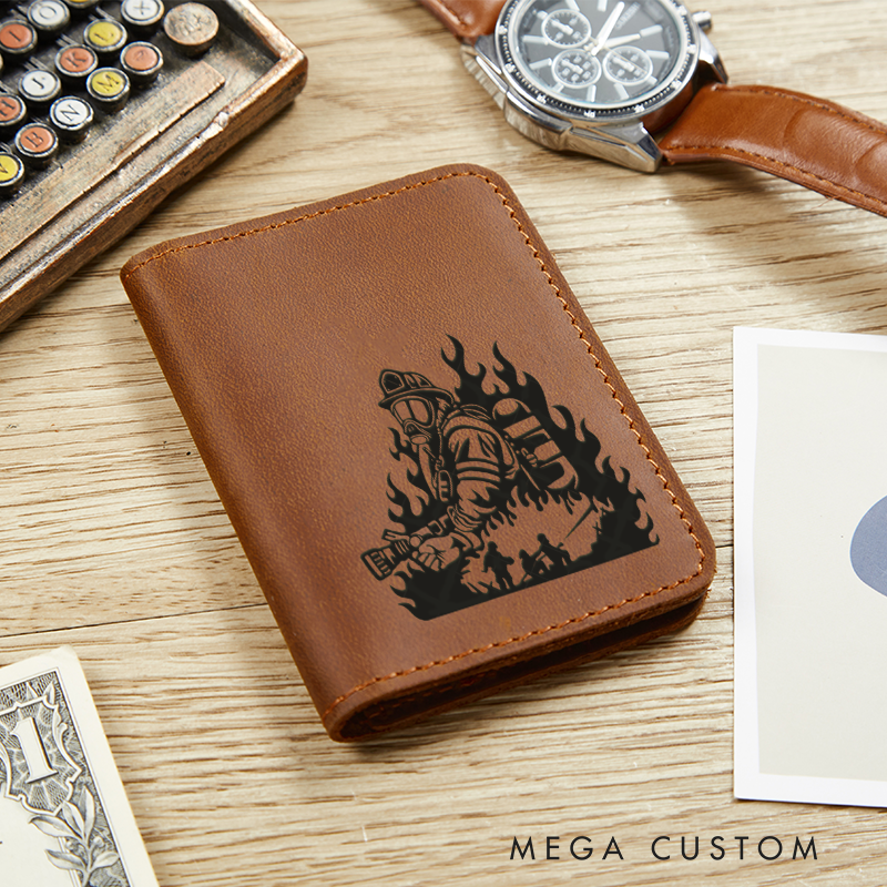 Personalized Leather Card Holder Wallet Firefighter Theme Gift for Firefighter