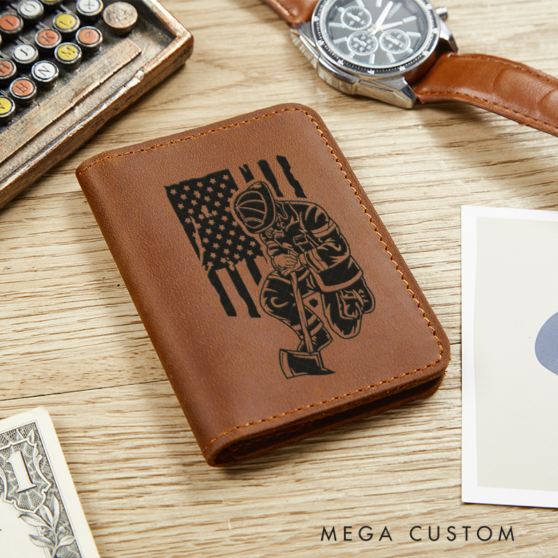 Personalized Leather Card Holder Wallet Firefighter with Axe Gift for Firefighter