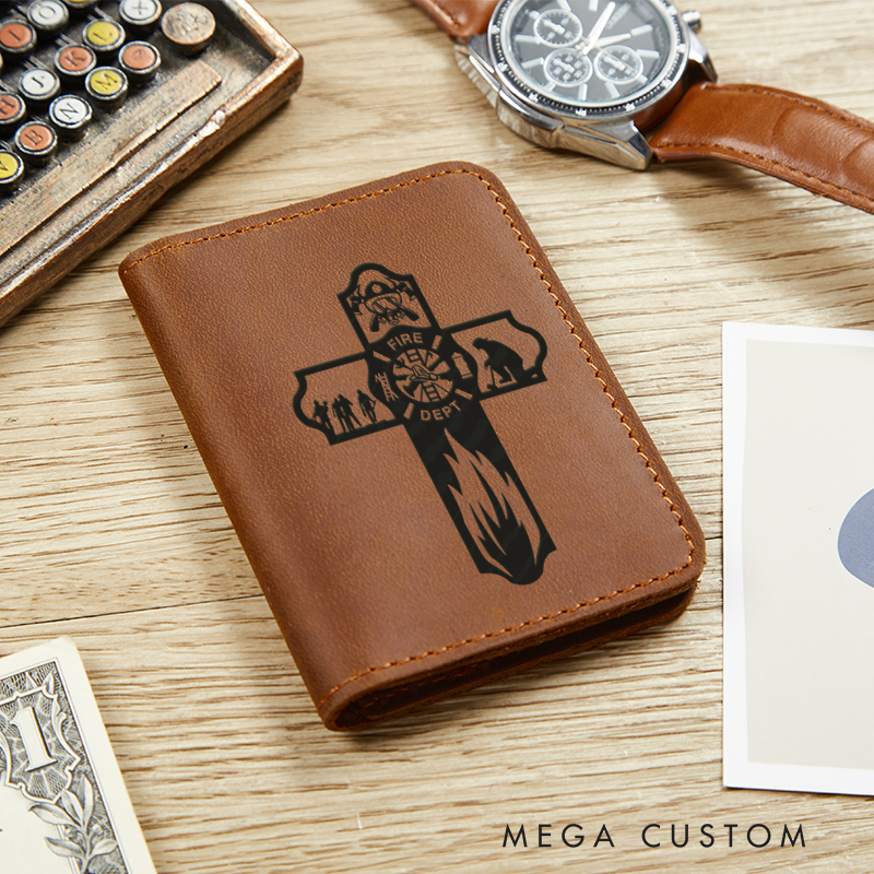Personalized Leather Card Holder Wallet Firefighter Cross Gift for Firefighter