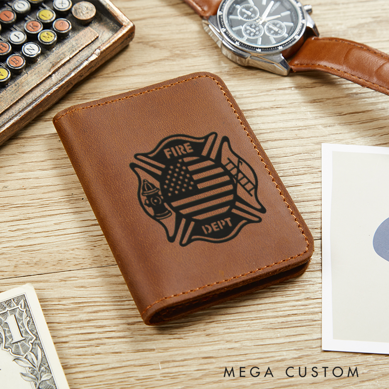 Personalized Leather Card Holder Wallet Firefighter Badge Gift for Firefighter