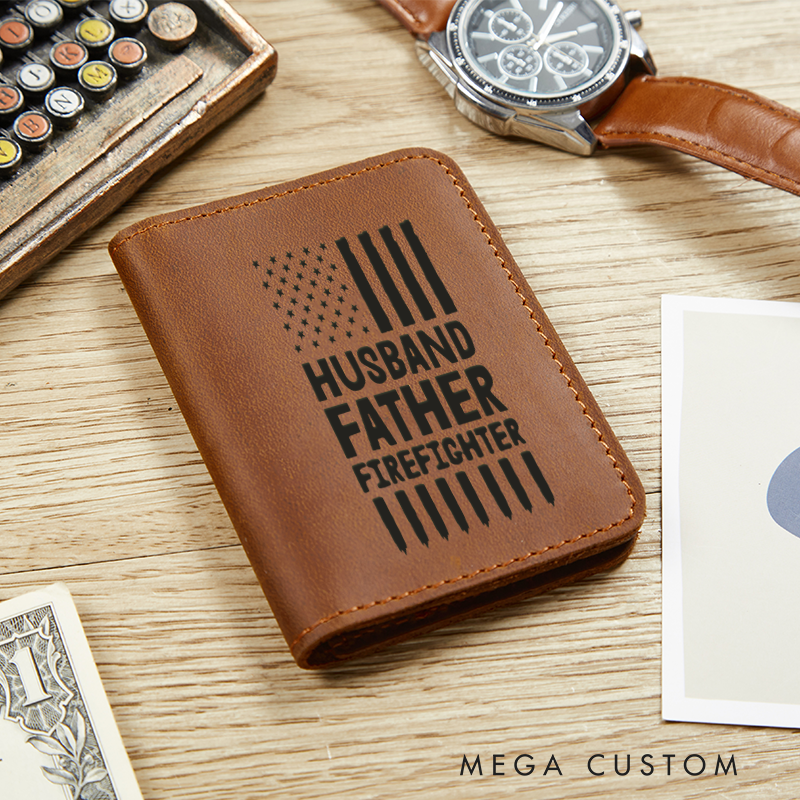 Personalized Leather Card Holder Wallet Husband Father Firefighter Gift for Firefighter