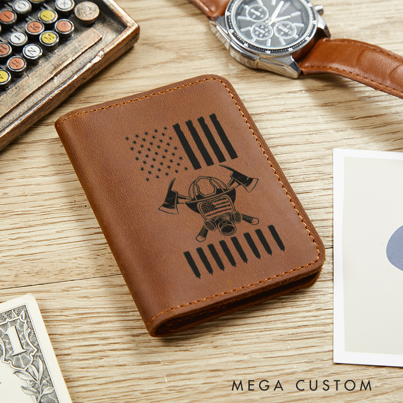 Personalized Leather Card Holder Wallet Firefighter Mask Axes Gift for Firefighter