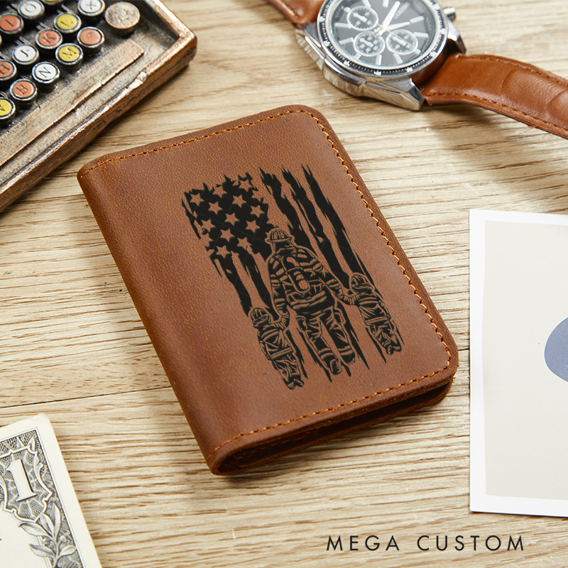 Personalized Leather Card Holder Wallet Firefighter Flag Gift for Firefighter