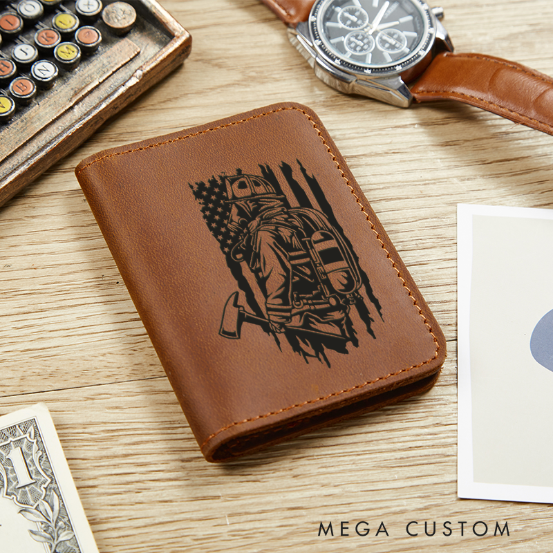 Personalized Leather Card Holder Wallet Firefighter with Axe Flag Gift for Firefighter