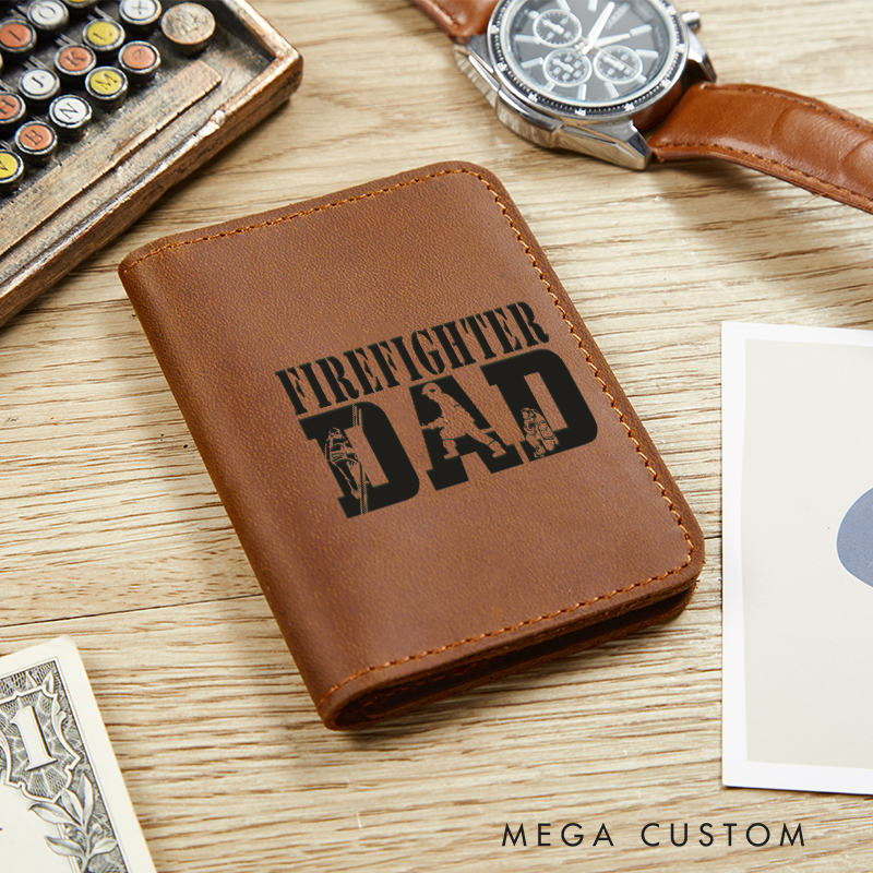 Personalized Leather Card Holder Wallet Firefighter Dad Gift for Firefighter