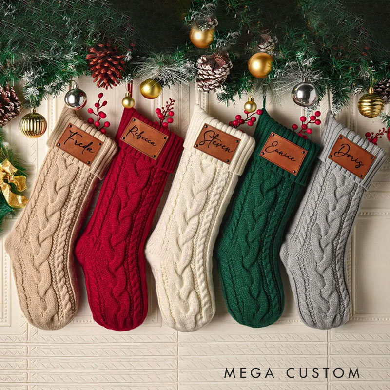 Personalized Engraved Leather Patch Stockings Christmas Stockings with Name Holiday Gift