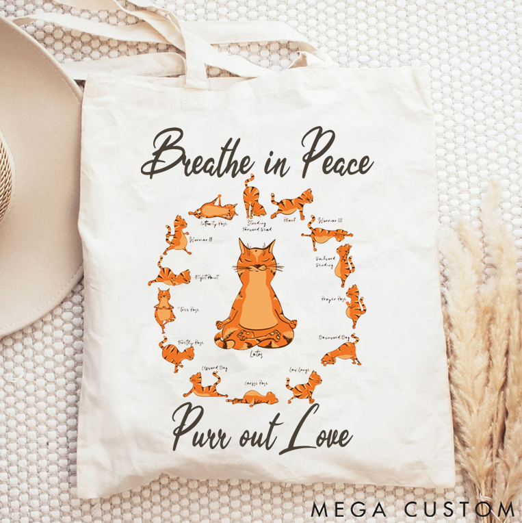 Personalized Yoga Cat Tote Bag with Breathe in Peace Purr out Love Design Yoga Tote Bag Gift Idea for Yoga Lover