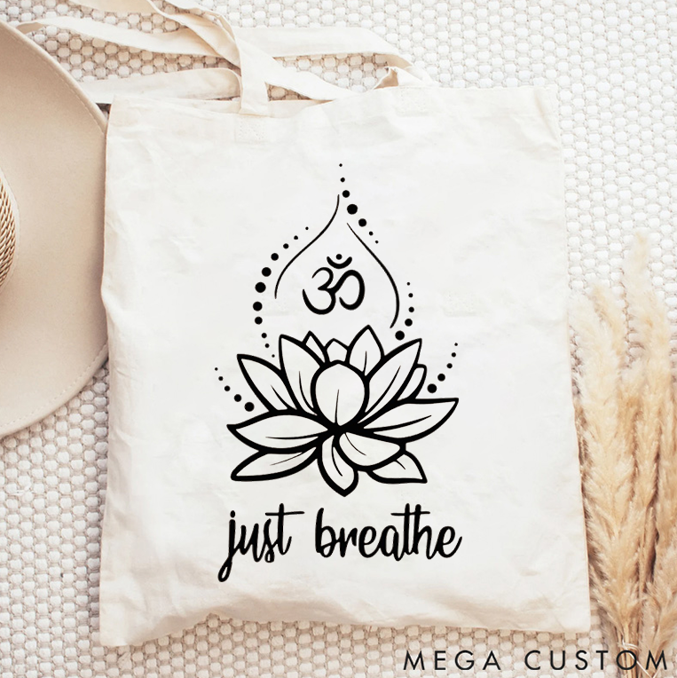 Personalized Tote Bag with Lotus and Om Design Just Breathe Tote Bag Yoga Gifts Yoga Tote Bag Gift Idea for Yoga Lover
