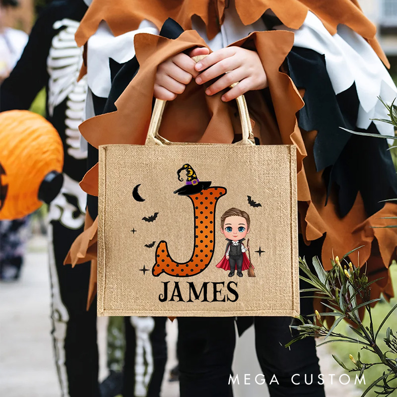 Personalized Cartoon Vampire Witch Trick or Treat Jute Tote Bag with Name and Initial Halloween Spooky Season Gift for Boys Girls