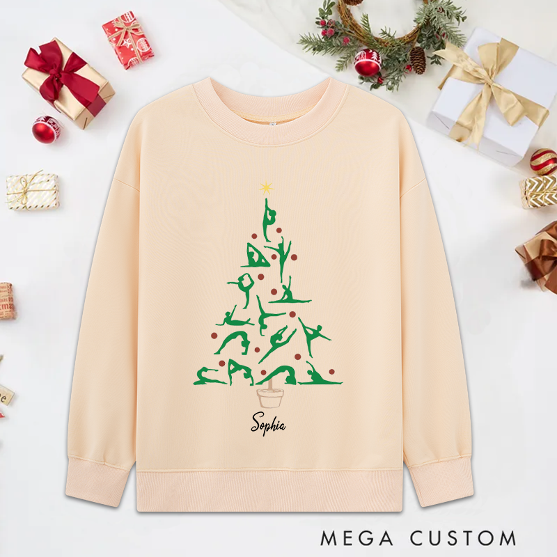 Personalized Christmas Yoga Classic Ugly Sweatshirts with Festive Tree and Yoga Poses Design Perfect for Yoga Lover and Holiday Gift
