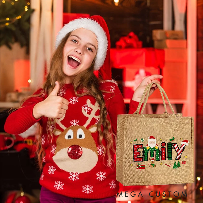 Personalized Cute Santa Christmas Theme Letters Reusable Jute Tote Bag with Name Christmas Holiday Gift for Kids Family