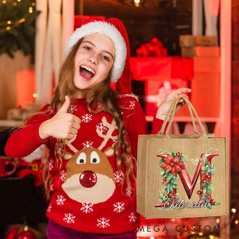 Personalized 3D Holly Floral Initial Durable Jute Tote Bag with Name Christmas Gift for Family Friend and Kids