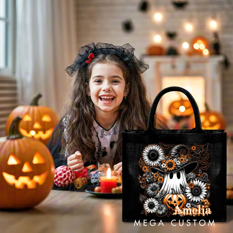 Personalized Floral Ghost Black Linen Tote Bag with Name Halloween Party Gift for Boys Girls