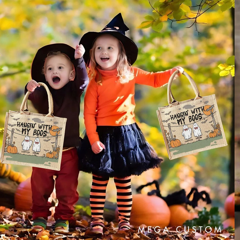 Personalized Hangin With My Boos Pumpkin Ghost Jute Bag with Names Halloween Party Gift for Boys Girls