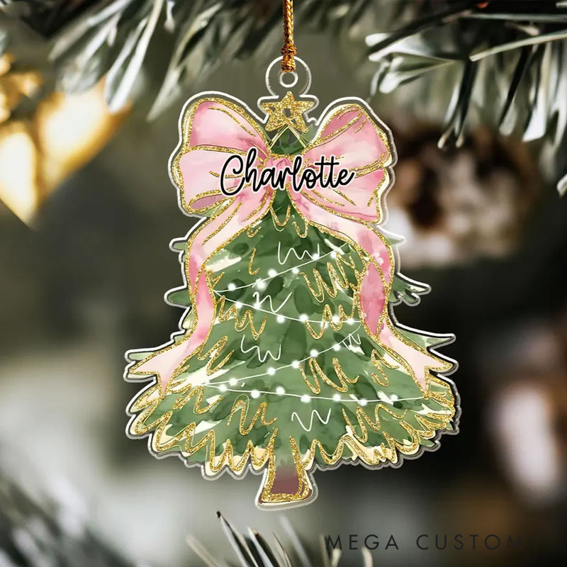 Personalized Elegant Christmas Tree with Pink Bow and Name Holiday Charm Christmas Ornament