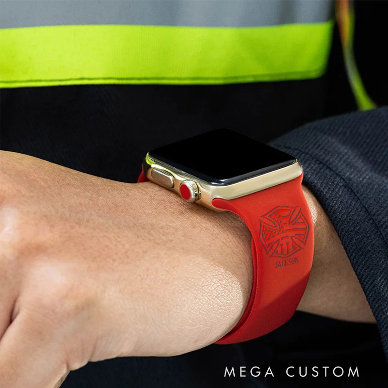 Personalized Firefighter Red Silicone Watch Band with Fire Department Emblem Design Gift for Firefighters