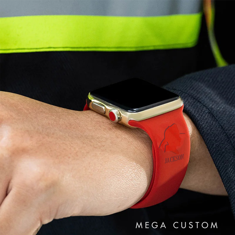 Personalized Firefighter Red Silicone Watch Band with Firefighter Silhouette Design Gift for Firefighters