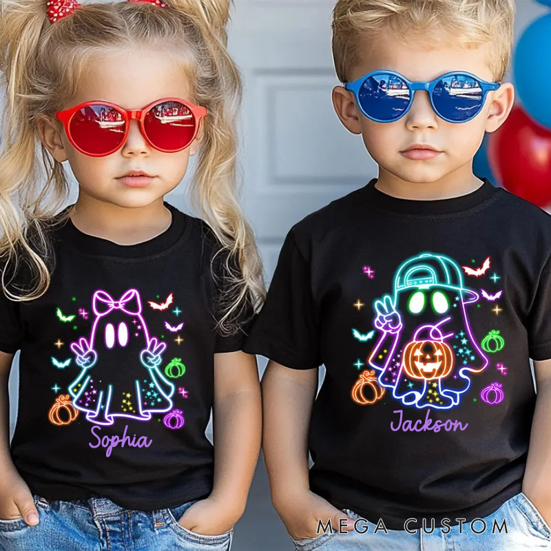 Personalized Kids Halloween Neon Shirt Cute Ghost Neon Halloween Ghost Shirt Funny Kids Gift