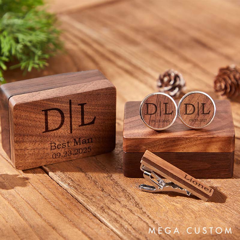 Personalized Wooden Cufflink and Tie Clip Set Custom Groomsman Cufflinks Box Set Groomsman Proposal Gift Cufflink Wedding Party Favors Gift