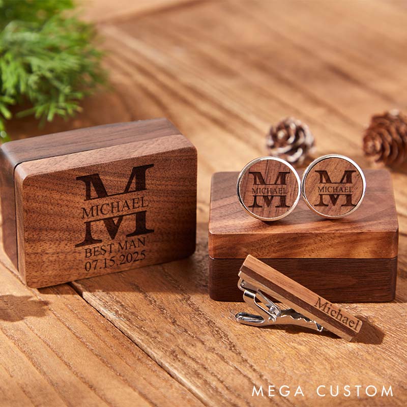 Personalized Wooden Cufflink Box Set Custom Groomsman Cufflinks Box Set with Tie Clip Monogrammed Groomsman Proposal Gift Cufflink Bachelor Party Favors Gift