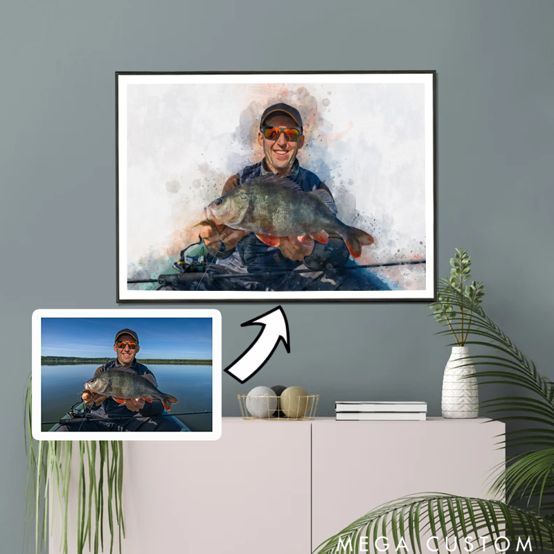 Personalized Digital Watercolor and Sketch Painting Fishing Photo Portrait From Photo Custom Vacation Photo Photo Gift for Fishing Lover