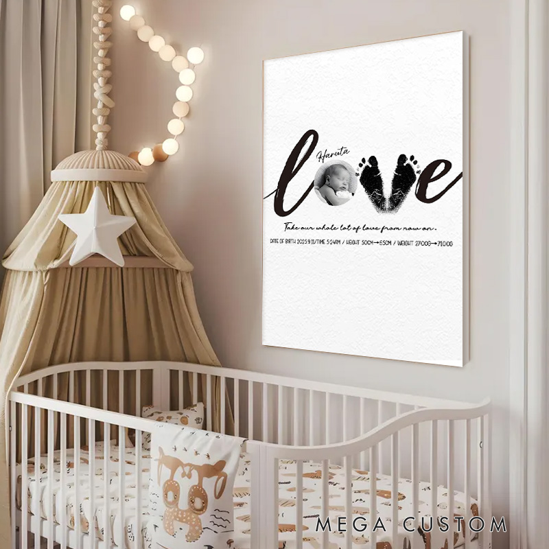 Personalized Love Canvas with Custom Name and Footprint Art for Heartfelt Nursery Wall Decor