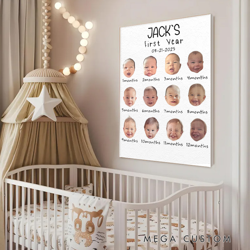 Personalized Baby's First Year Photo Collage with Custom Name and Monthly Milestones for Baby Room
