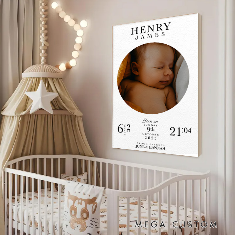 Personalized Baby Announcement Canvas with Custom Photo Name and Birth Details for Nursery Decor
