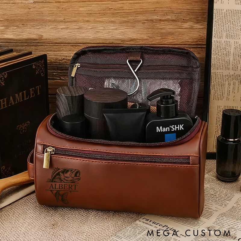 Personalized Fishing Gift Men Leather Travel Organizer Essential Wash Kit for Travel Fisherman Perfect Gift for Fishing Lover