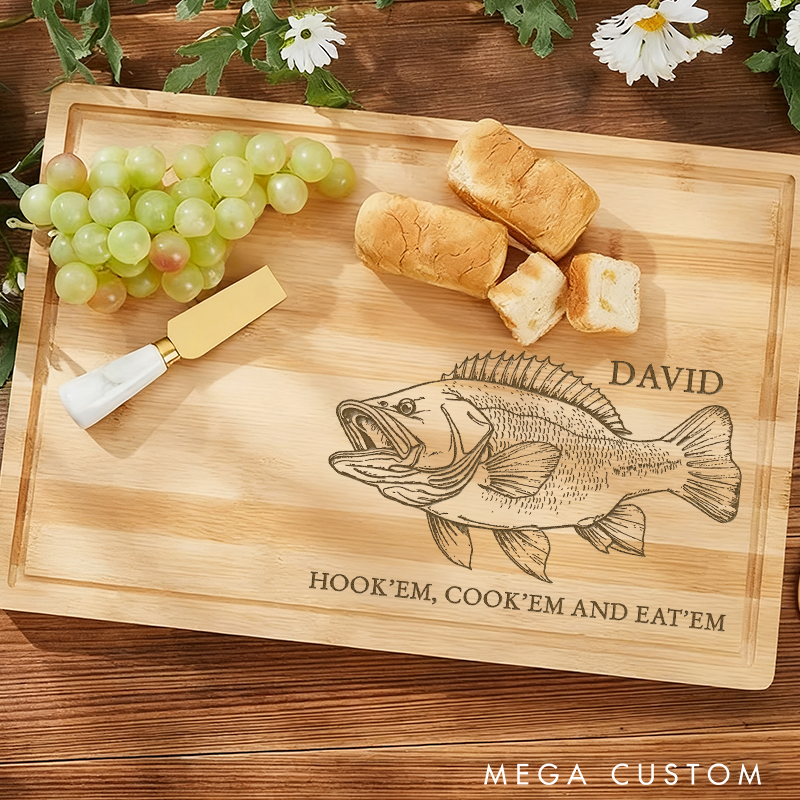Personalized Fishing Cutting Board Christmas Gift for Dad Father's Day Gift for Grandpa Big Mouth Bass Decor Hook'em Cook'em Board Perfect Gift For Fishing Lover