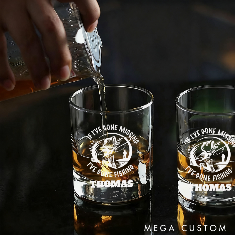 Personalized Whiskey Engraved Glasses with If I've Gone Missing, I've Gone Fishing Design Gift for Fishermen and Whiskey Lover