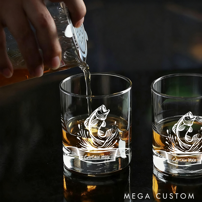 Personalized Whiskey Engraved Glasses Jumping Fish Design Fisherman Gift for Fishermen and Whiskey Lover