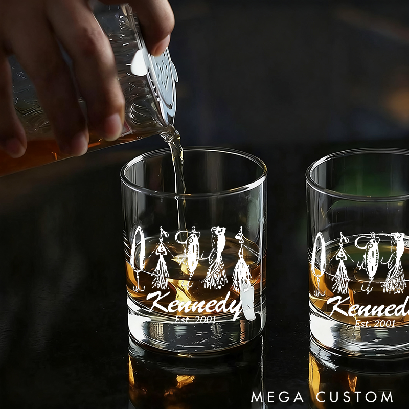 Personalized Fishing Whiskey Glass Fishing Lure Design Wine Cocktail and Beer Etched Fish Glassware Perfect Gift for Fishermen and Whiskey Lover